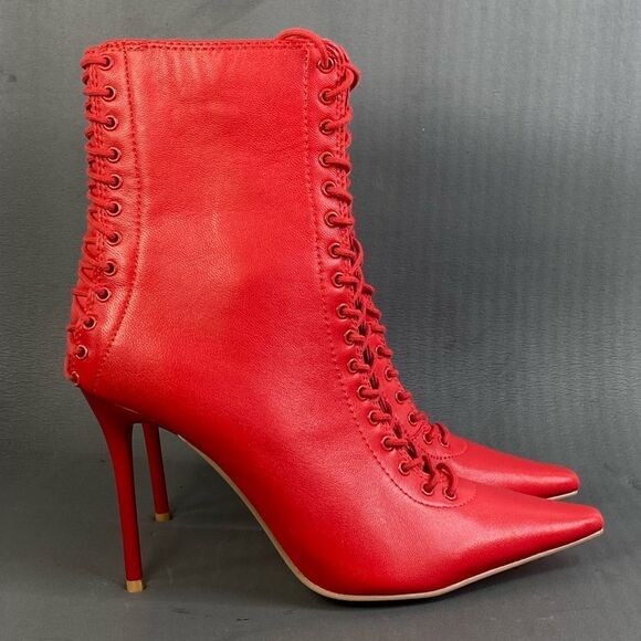 Steve Madden Red Allnight Leather Laced Stiletto Heel Booties womens size 6 new - Picture 2 of 10